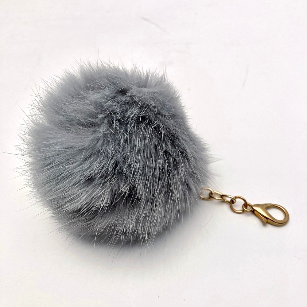 Key Chain Purse Bag‎ Charm Rabbit Fur Puff Ball Pom Pom Gray